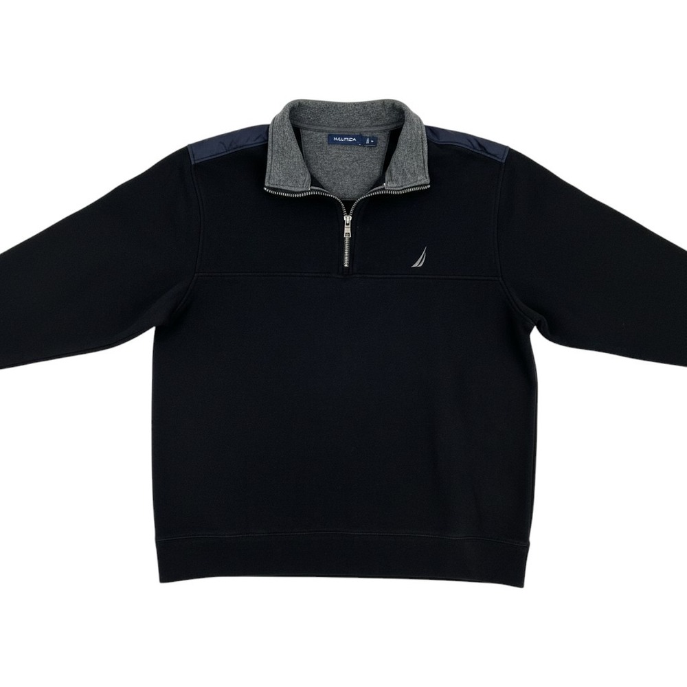 Nautica Mens Quarter Zip Pullover Sweatshirt XL Black Mixed Media Nylon Back